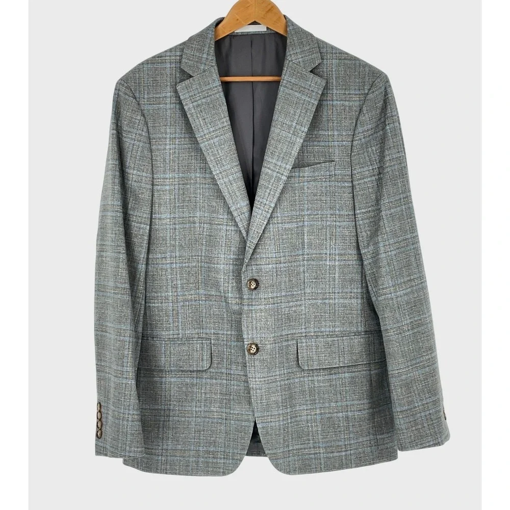 Lauren Ralph Lauren Mens Blazer 40R Sport Coat Gray Blue Plaid Check Double Vent